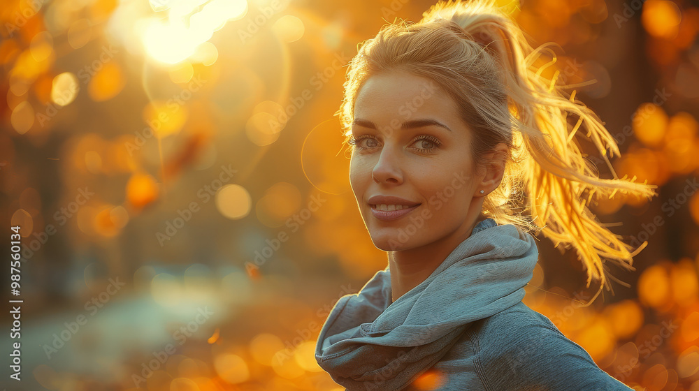 Fototapeta premium A young woman smiles warmly in sunlit autumn setting, surrounded by golden leaves. Her hair flows gently in breeze, capturing serene beauty of season
