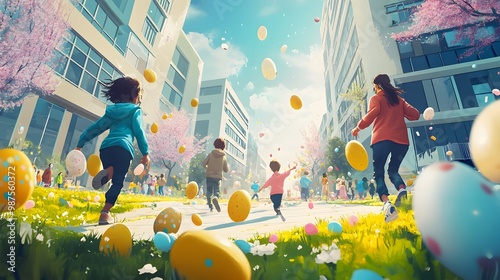 A unique Easter egg hunt in a modern cityscape, children searching for eggs with excitement, high quality, sharp images, graphic, illustration