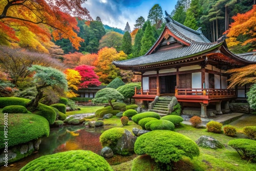 Tranquil green moss-covered temple grounds with vibrant autumn foliage and traditional Japanese architecture in Kamakura