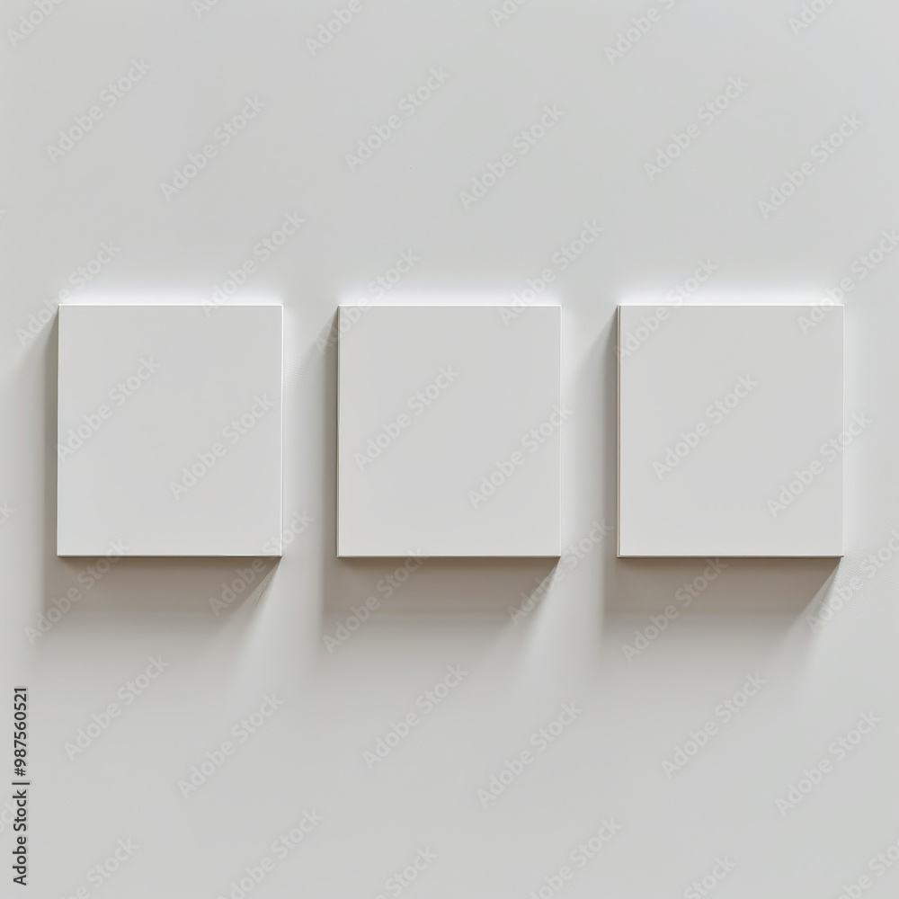 Minimalist design featuring three blank square frames on white wall, perfect for showcasing art or photography. simplicity evokes sense of calm and creativity Minimalist design featuring three blank square frames on white wall, perfect for showcasing art or photography. simplicity evokes sense of calm and creativity