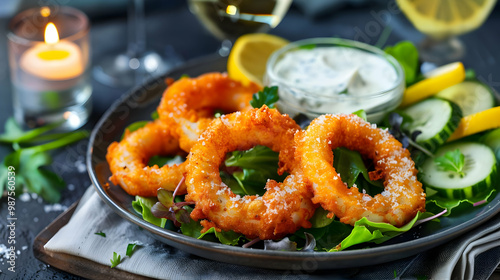 Crispy Fried Calamari Rings with Creamy Sauce and Salad Garnish photo