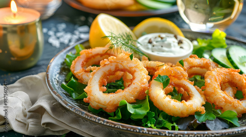 Crispy Fried Calamari Rings with Salad and Lemon photo