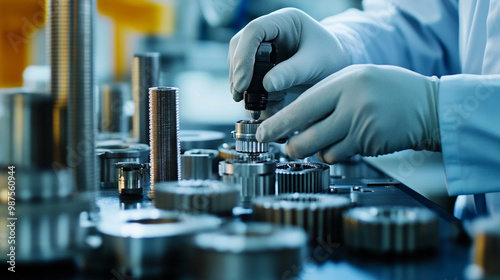 A high-quality image of a worker in a quality control department of an automotive parts factory