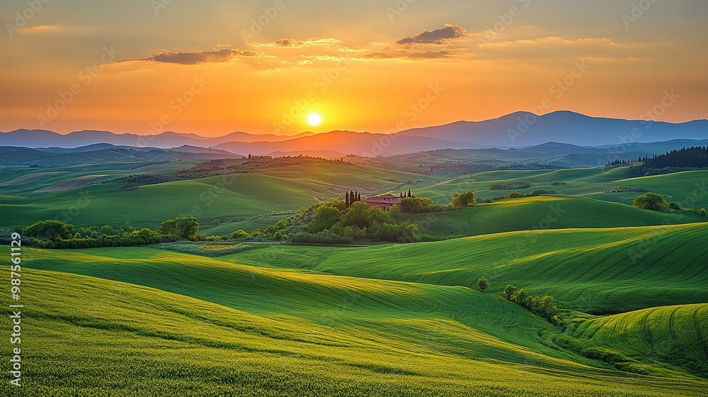 Fototapeta premium Scenic sunset over rolling green hills in the countryside reveals a captivating view of nature's beauty at dusk