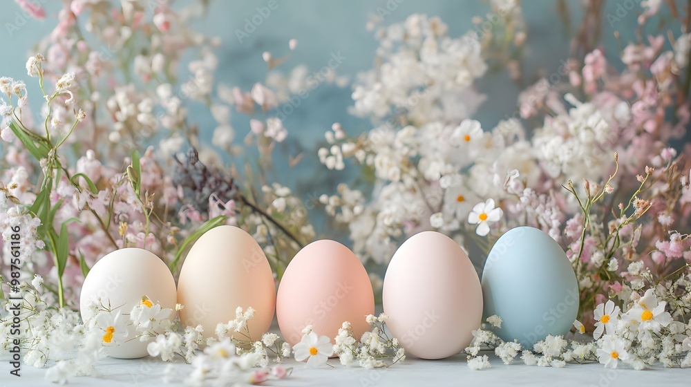 A chic Easter photo setup with pastel-colored eggs, flowers, and a stylish background for family pictures, high quality, sharp images, graphic, illustration A chic Easter photo setup with pastel-colored eggs, flowers, and a stylish background for family pictures, high quality, sharp images, graphic, illustration