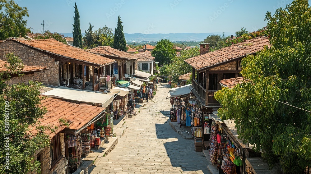 Obraz premium Charming cobblestone street in a historic village with traditional shops under clear blue skies in summer