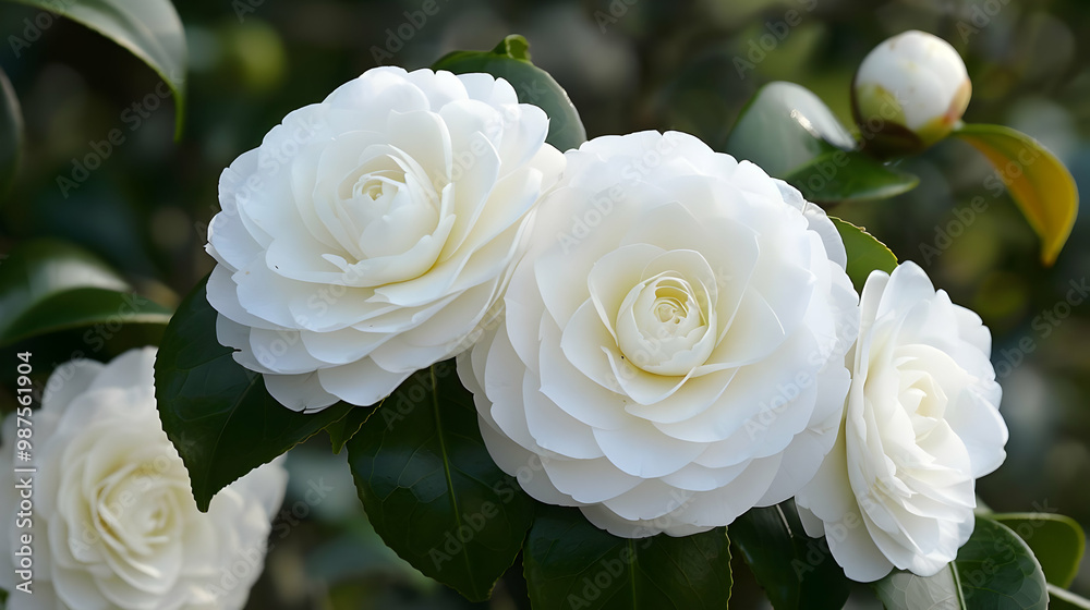 White Camellia Flower in Bloom Delicate Petals and Lush Green Leaves White Camellia Flower in Bloom Delicate Petals and Lush Green Leaves