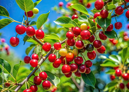 Vibrant green leaves set against a backdrop of sunlight adorn the capulin cherry tree, where red berries ripen to perfection. photo