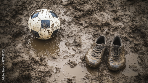 Old Soccer Ball and Worn Cleats on Dusty Field photo