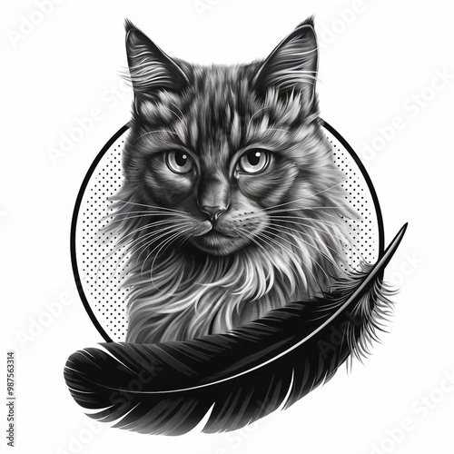Realistic Black Female Cat Tattoo Design with Detailed Fur and Feather