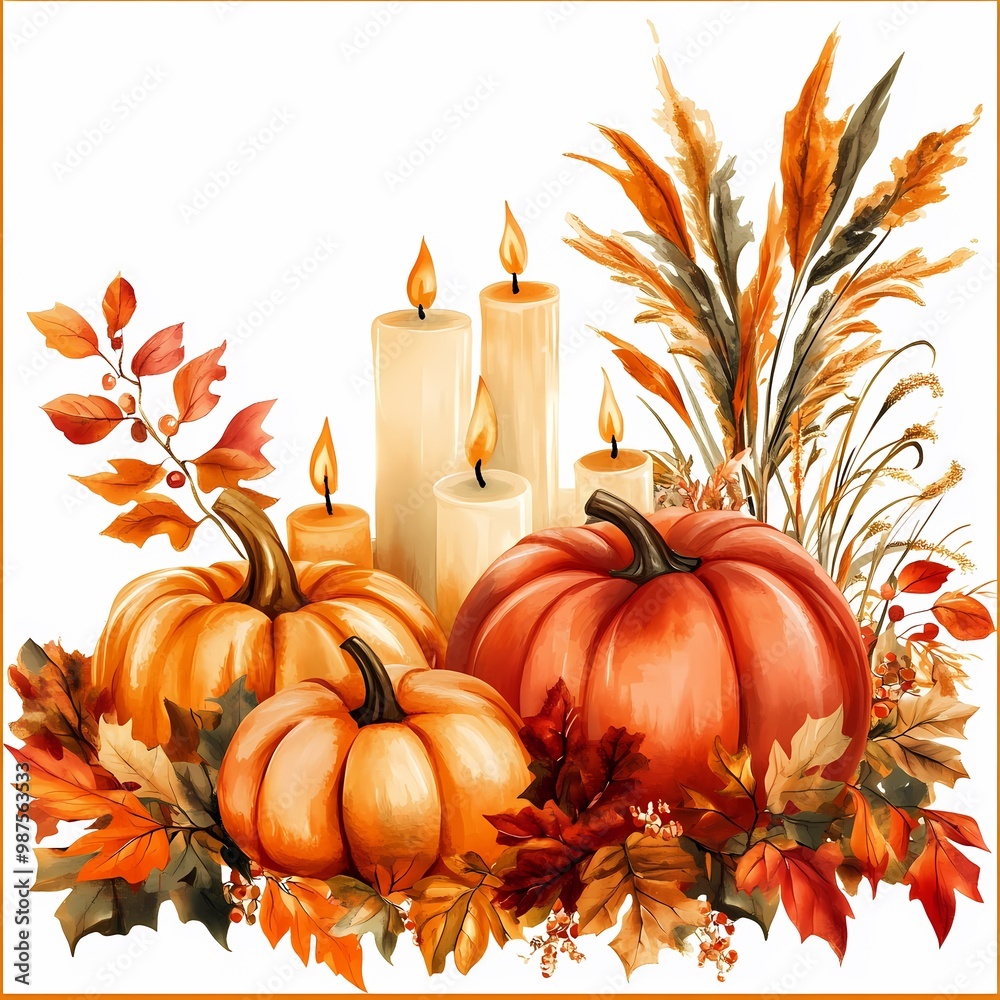 Elegant Thanksgiving Dinner Invitation Design with Pumpkins, Candles, and Autumn Foliage Elegant Thanksgiving Dinner Invitation Design with Pumpkins, Candles, and Autumn Foliage