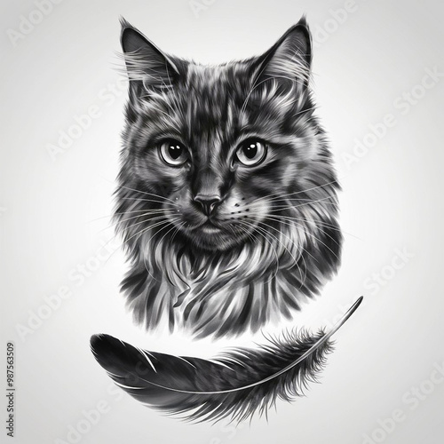 Realistic Black Female Cat Tattoo Design with Detailed Fur and Feather