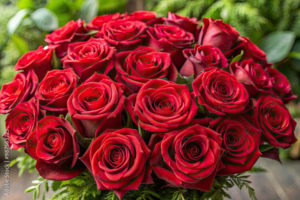 Obraz premium Vibrant red roses with soft, velvety petals form a lush bouquet, filled with romance and passion, evoking feelings of love and devotion.