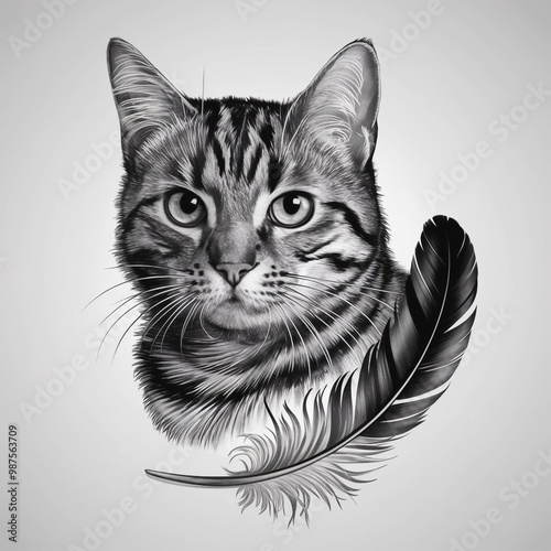 Realistic Black Female Cat Tattoo Design with Detailed Fur and Feather
