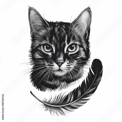 Realistic Black Female Cat Tattoo Design with Detailed Fur and Feather