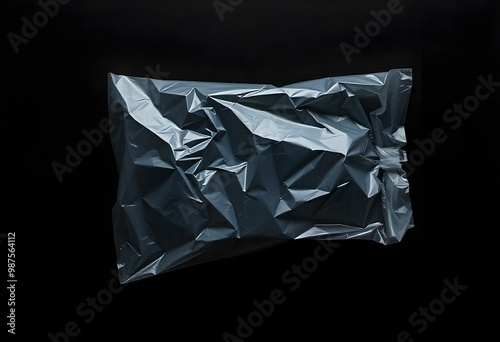 wrinkled plastic bag lying flat on a deep black background, light reflecting off its surface create with ai photo