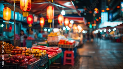 A vibrant night market scene with lanterns, food stalls, and bustling crowds. The image is slightly blurred, giving it a dreamy quality.