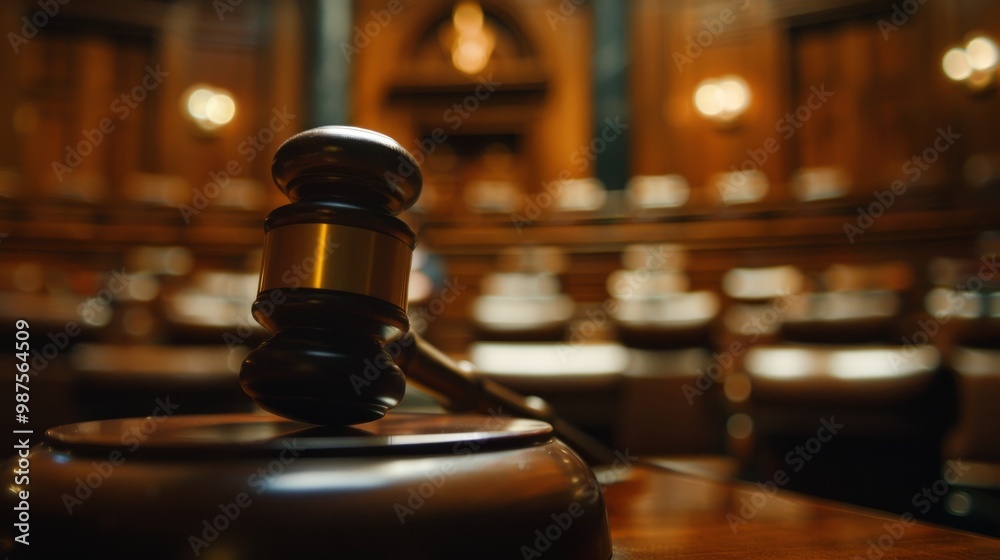 A wooden gavel sits on a table in a courtroom, ready to be used. The blurred background shows the rows of seats in the courtroom. A wooden gavel sits on a table in a courtroom, ready to be used. The blurred background shows the rows of seats in the courtroom.