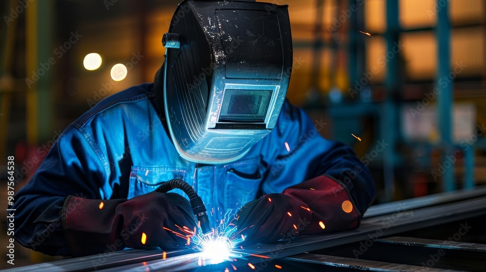 Welder working on a metal project in a workshop. Welder working on a metal project in a workshop.