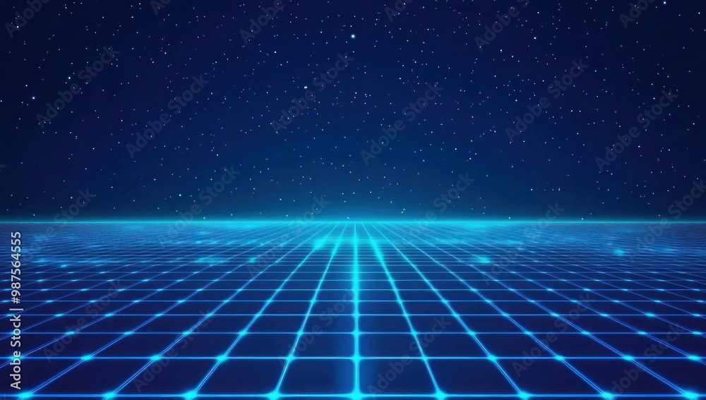 Digital Grid Landscape with Blue Skies and Distant Stars