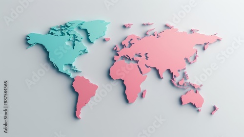 A 3D world map in pink and blue on a white background.