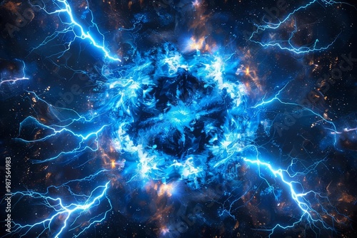 Abstract blue energy sphere with lightning strikes.