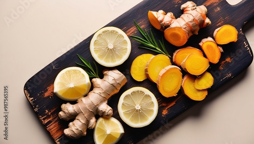 A close-up of fresh turmeric root, ginger, and lemon slices arranged on a wooden cutting board, emphasizing their natural healing properties for boosting immunity photo