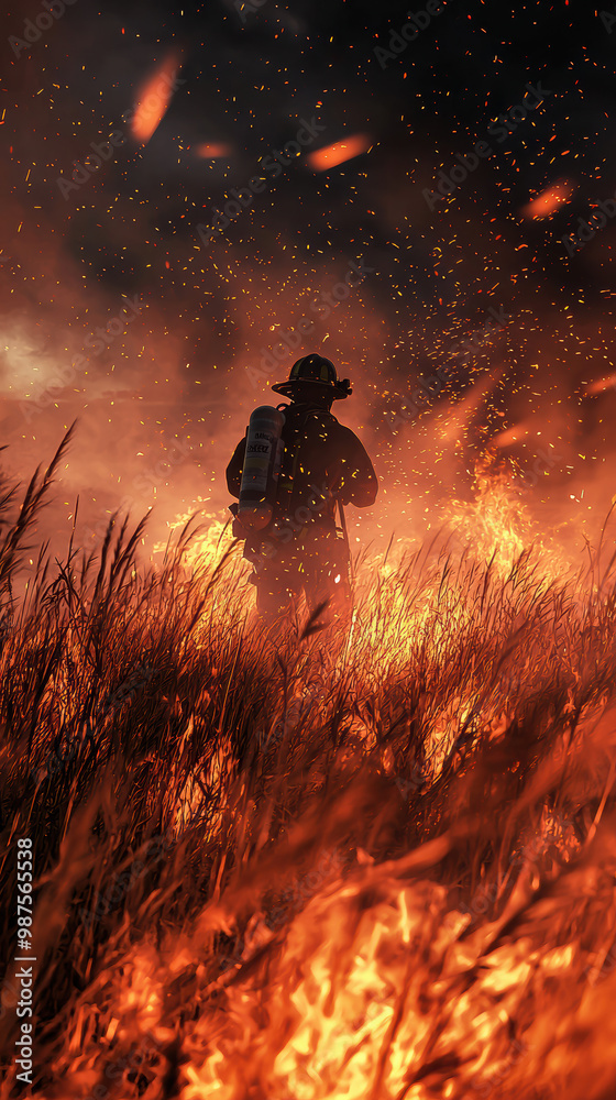 A firefighter stands amid tall grass engulfed in flames, fighting a wildfire with embers flying around under a dark, smoky sky. A brave scene capturing human resilience. A firefighter stands amid tall grass engulfed in flames, fighting a wildfire with embers flying around under a dark, smoky sky. A brave scene capturing human resilience.