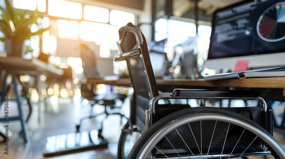 A person in a wheelchair working at a desk in an office, with colleagues in the background. A person in a wheelchair working at a desk in an office, with colleagues in the background.
