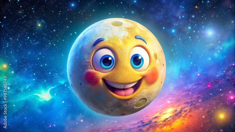 Colorful Cartoon Moon Character with a Playful Expression Against a Starry Night Sky Background Colorful Cartoon Moon Character with a Playful Expression Against a Starry Night Sky Background