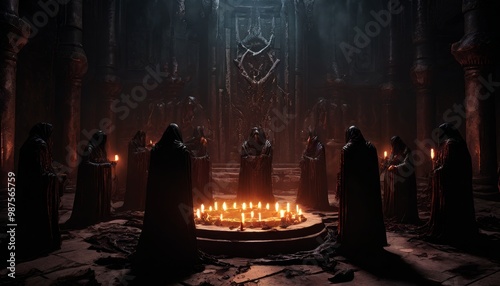 A group of hooded figures stand in a circle around a glowing ritual altar in a dimly lit crypt. The atmosphere is eerie and tense, filled with the flickering light of candles and ancient stone