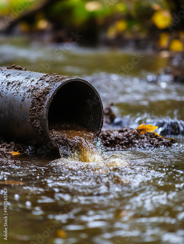 An iron pipe sticks out of the river and pollutes the water, the concept of environmental pollution, environmental disaster..