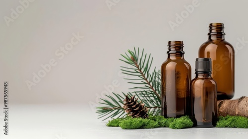 Three amber glass bottles with a pine branch and pine cone on a white background.