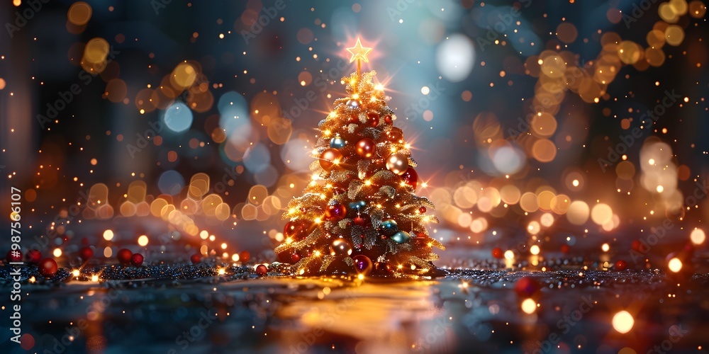 Naklejka premium A Christmas tree with lights and ornaments is lit up in a blurry, glowing image 