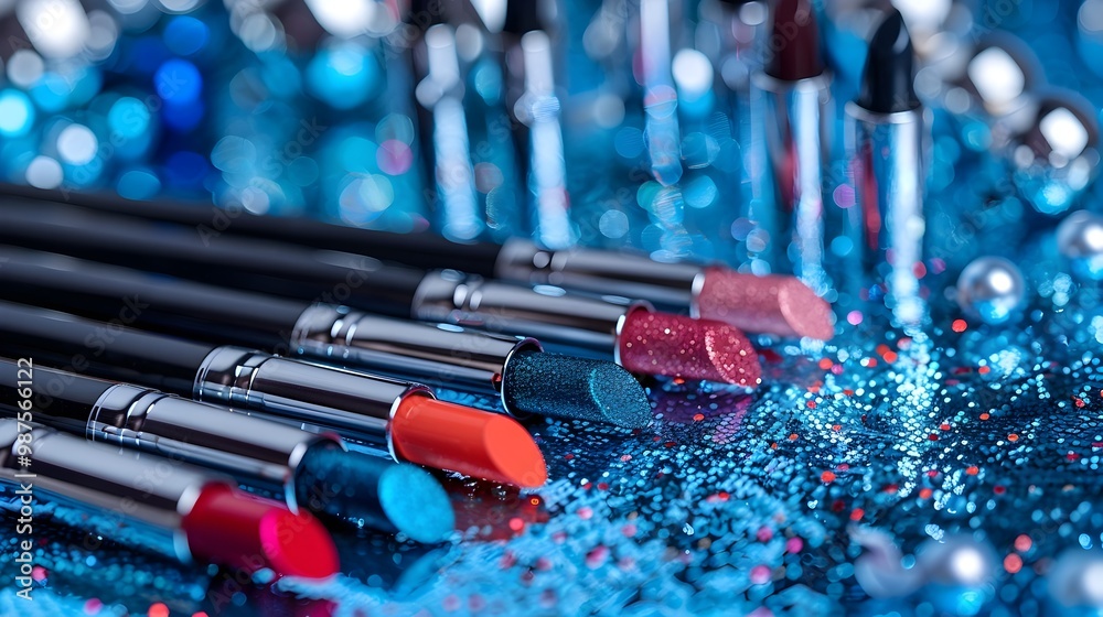 A row of makeup brushes with a blue background 