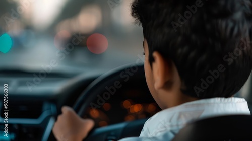 Young boy driving a car, rear view photo