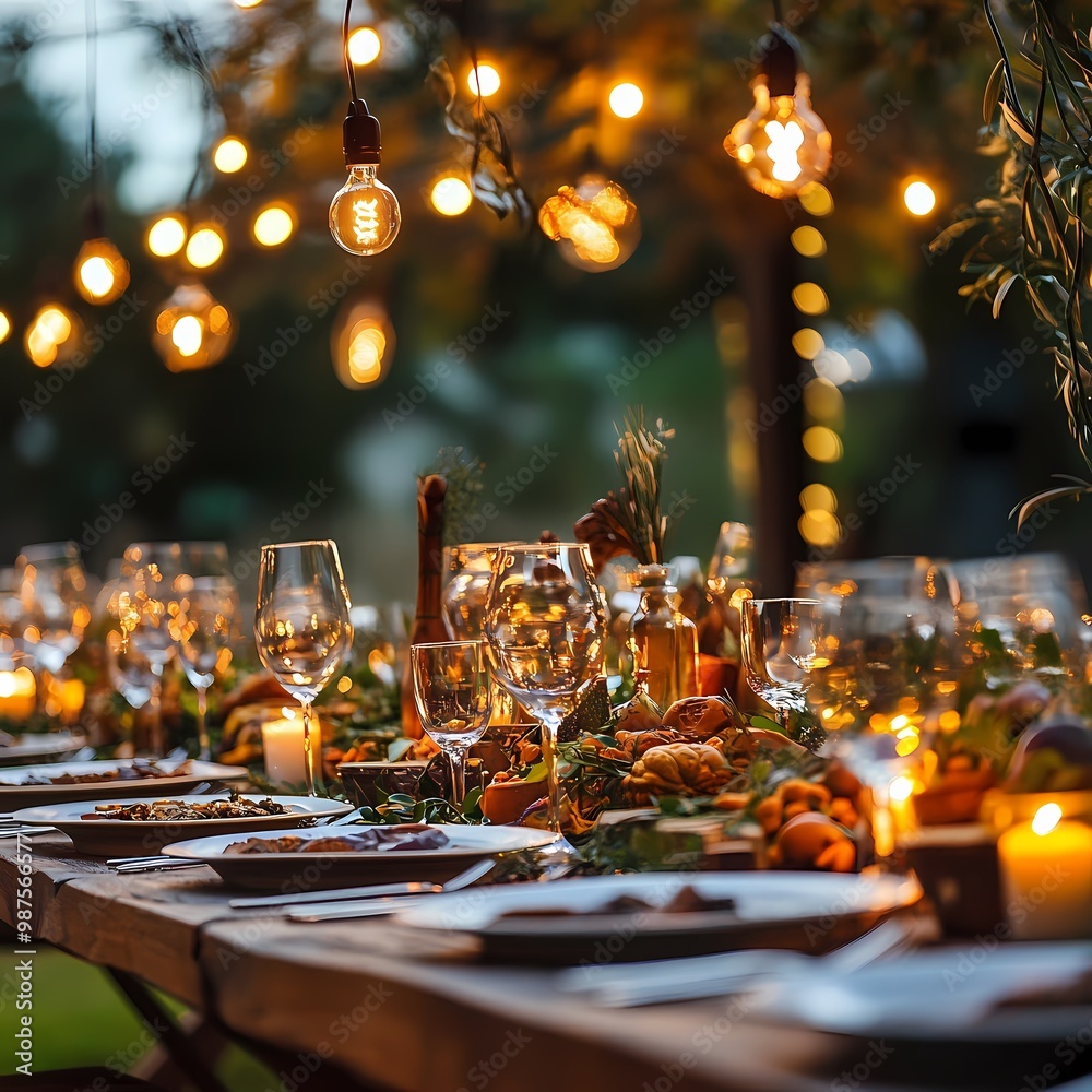 Enchanting Outdoor Thanksgiving Feast: Rustic Table Setting with Seasonal Decor under String Lights for Event Planners Enchanting Outdoor Thanksgiving Feast: Rustic Table Setting with Seasonal Decor under String Lights for Event Planners