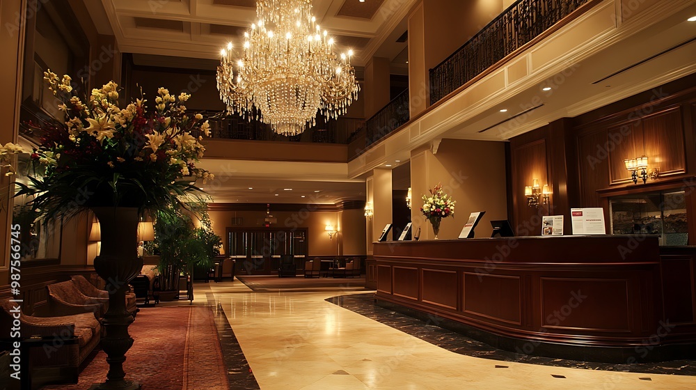 A grand hotel lobby with a large chandelier, marble floors, and a wooden reception desk. The lobby is decorated with plants and flowers and has a warm, inviting atmosphere. A grand hotel lobby with a large chandelier, marble floors, and a wooden reception desk. The lobby is decorated with plants and flowers and has a warm, inviting atmosphere.