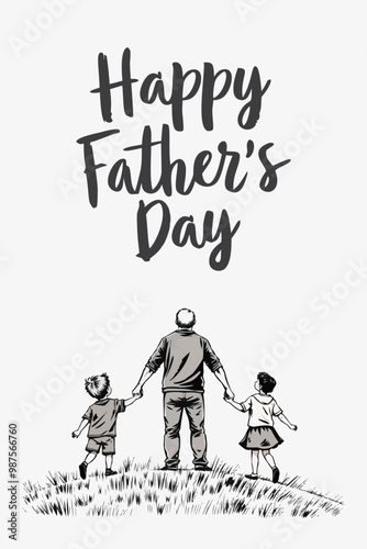 Happy Father's Day. Father with his children. Greetings card vector illustration 