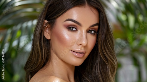 A close-up portrait of a beautiful woman, her glowing skin and radiant face capturing natural elegance and grace