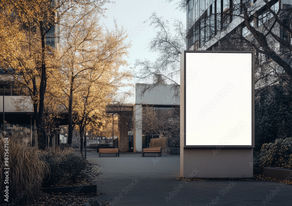 A serene urban scene featuring blank billboard surrounded by autumn trees and benches, creating peaceful atmosphere. setting invites contemplation and creativity