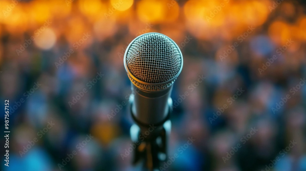 Closeup of a microphone and blurry background of a large crowd of a concert audience or political speech Closeup of a microphone and blurry background of a large crowd of a concert audience or political speech