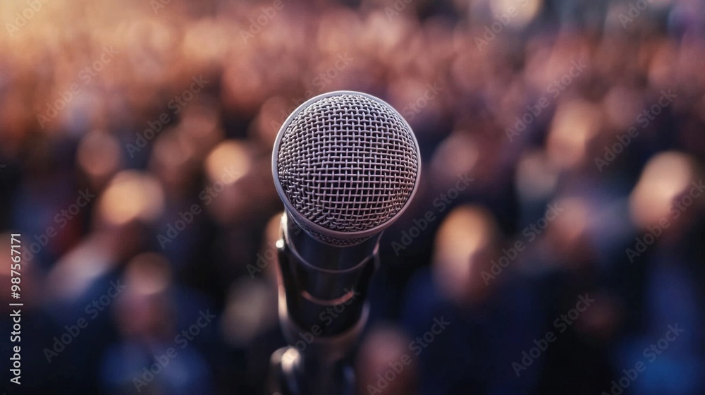 Closeup of a microphone and blurry background of a large crowd of a concert audience or political speech