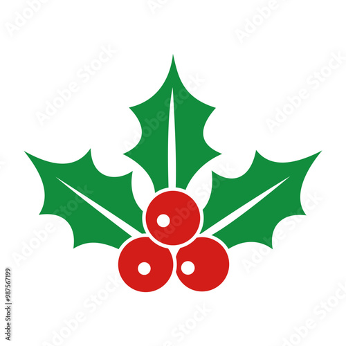 Christmas holly berry leaves. Christmas mistletoe icon. Cartoon holly leaves and berries. Mistletoe icon. Christmas Holly berry icon. Vector illustration.