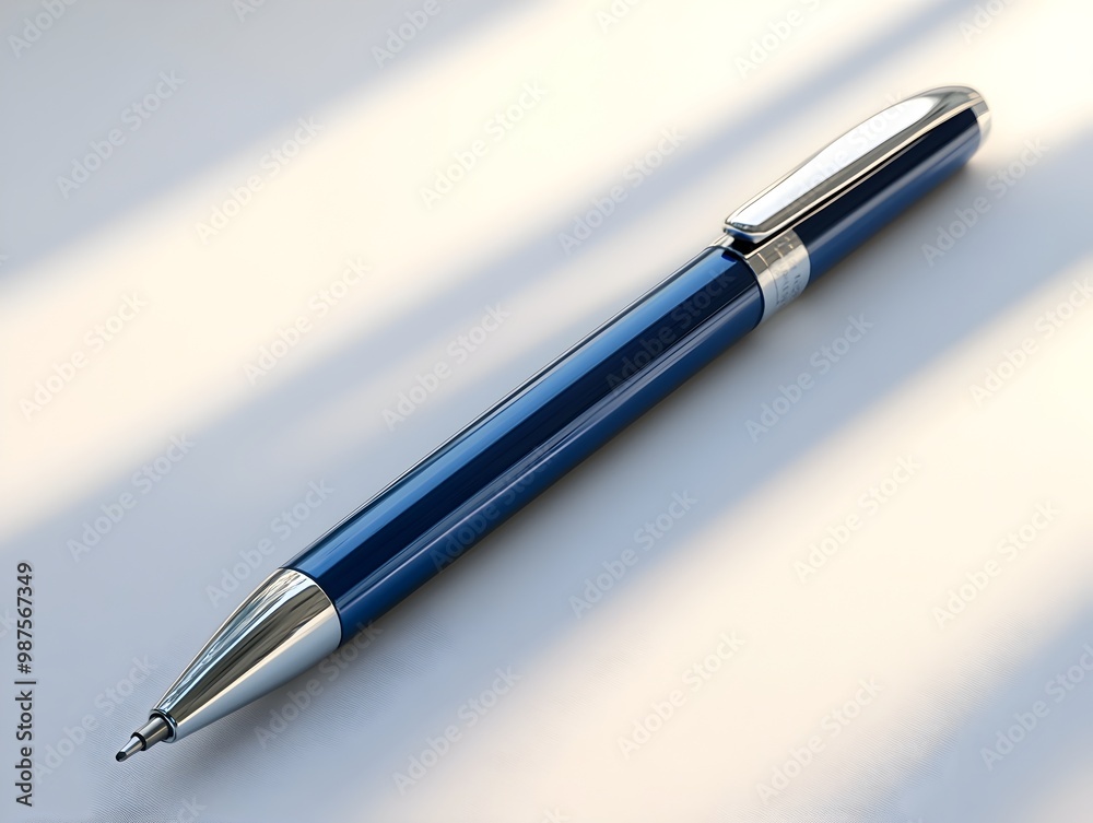 Elegant Blue Metallic Pen with Reflective Matte Finish on Minimalist White Background Elegant Blue Metallic Pen with Reflective Matte Finish on Minimalist White Background