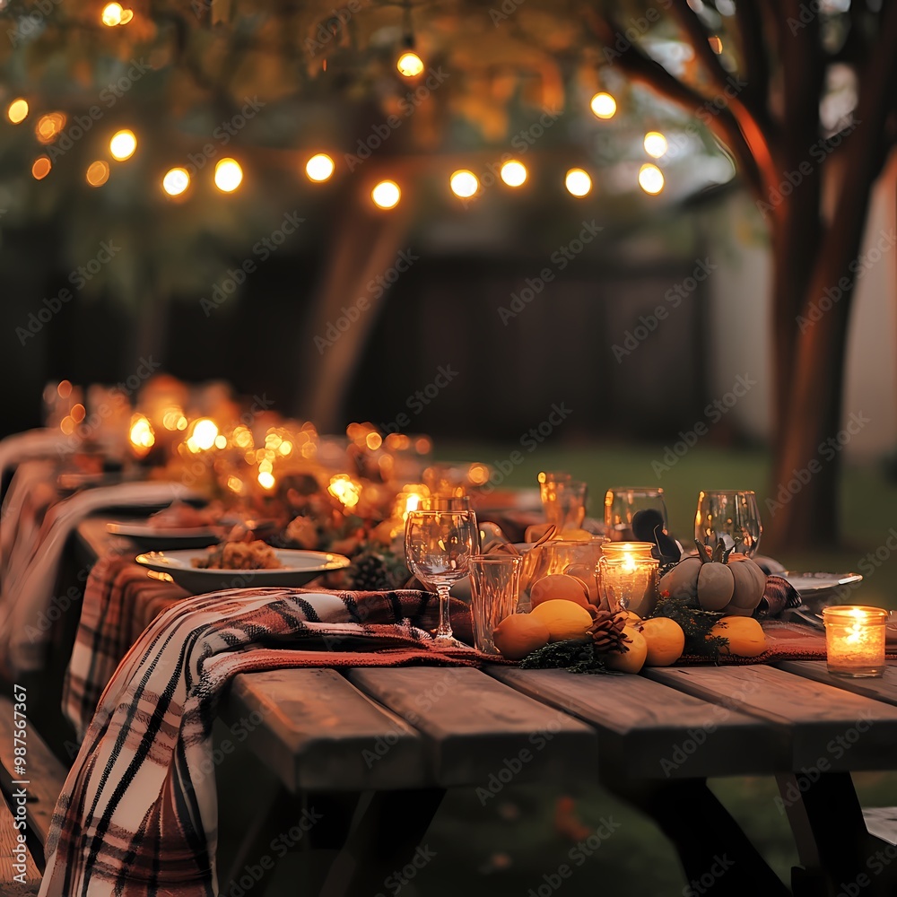 Cozy Outdoor Thanksgiving Dinner Setup with Rustic Tables and Warm Lighting for Casual Event Planners Cozy Outdoor Thanksgiving Dinner Setup with Rustic Tables and Warm Lighting for Casual Event Planners