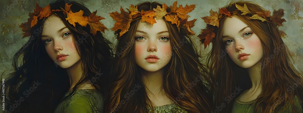 Obraz premium A drawing of three beautiful women with long hair, the one in the front has her eyes closed and is wearing an elven dress made from leaves
