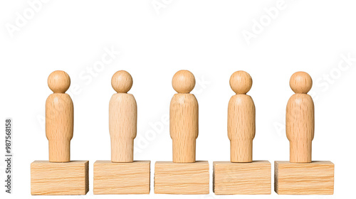 Five wooden figures standing in a row