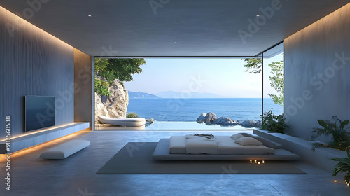 Modern Minimalist Bedroom with Ocean View 3D Illustration