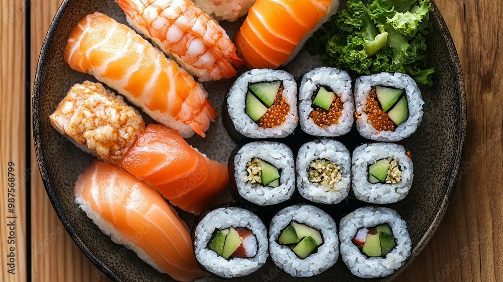 A Plate of Sushi with Avocado, Salmon, Shrimp, and Salad A Plate of Sushi with Avocado, Salmon, Shrimp, and Salad